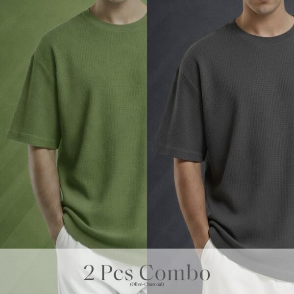 Premium Waffle Drop Shoulder Olive-Charcoal