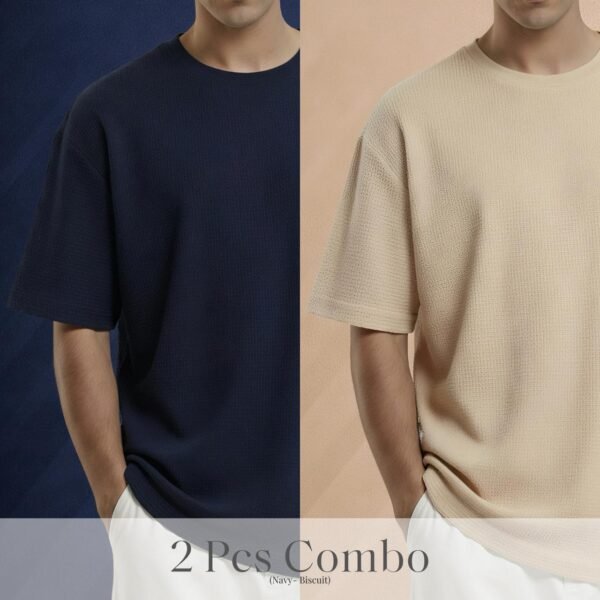 Premium Waffle Drop Shoulder Navy-Biscuit