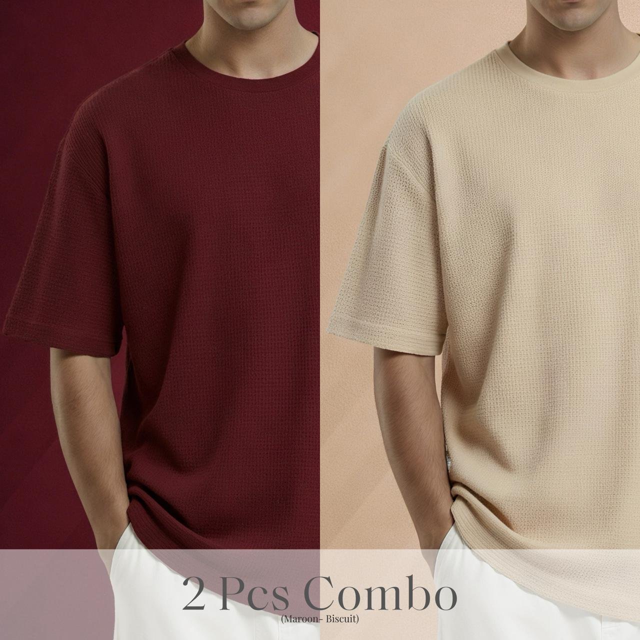 Premium Waffle Drop Shoulder Maroon-Biscuit