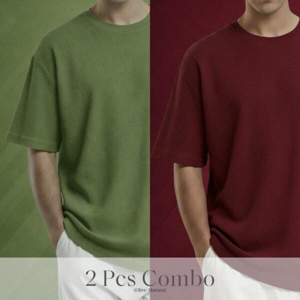 Premium Waffle Drop Shoulder Olive-Maroon