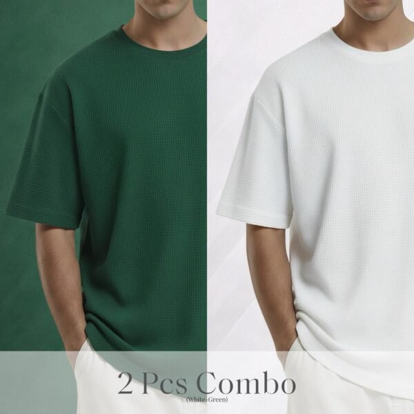 Premium Waffle Drop Shoulder B.Green-white