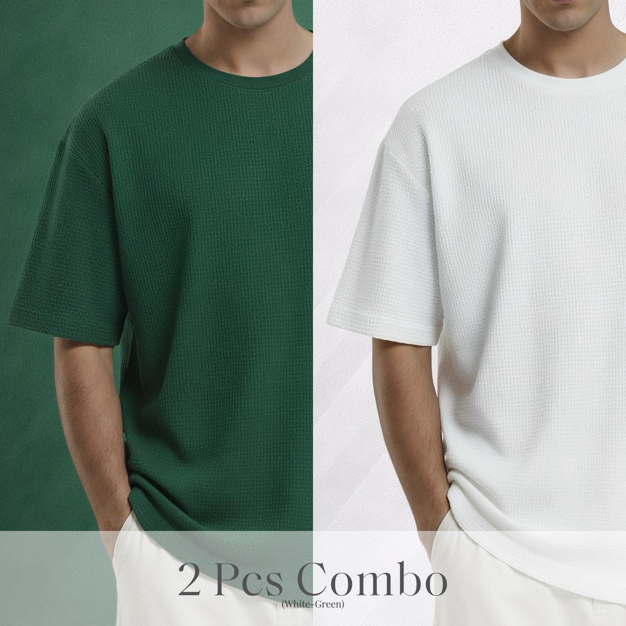 Premium Waffle Drop Shoulder B.Green-white