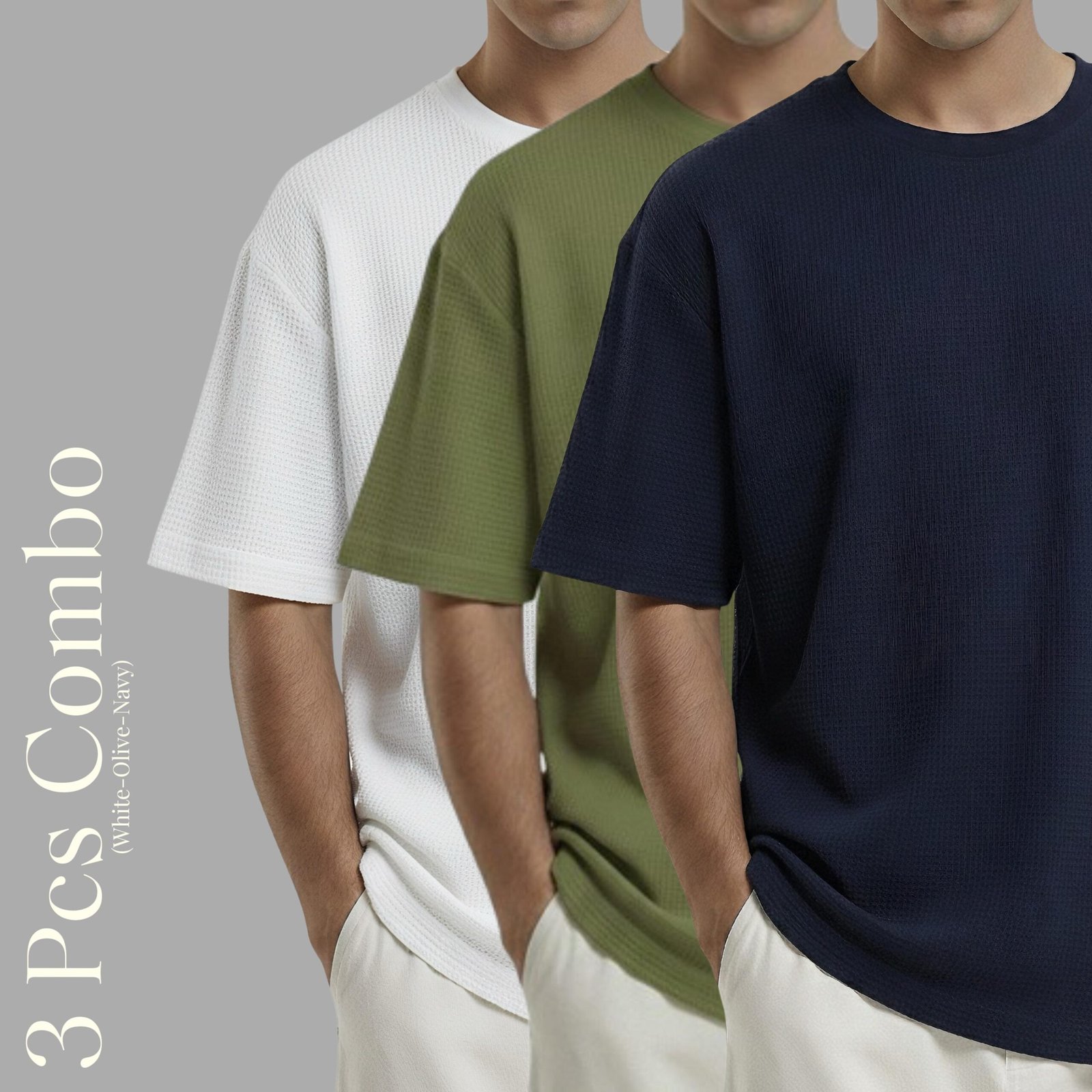 Premium Waffle Drop Shoulder White -Olive-Navy