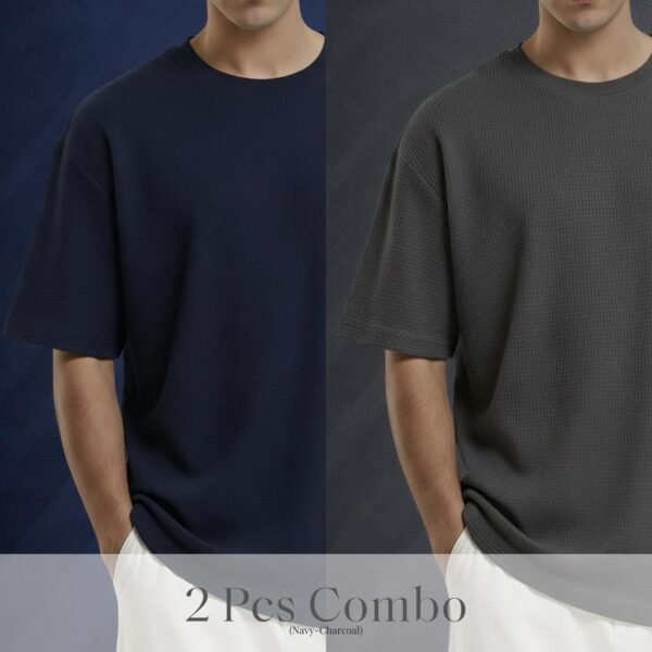 Premium Waffle Drop Shoulder Navy-Charcoal