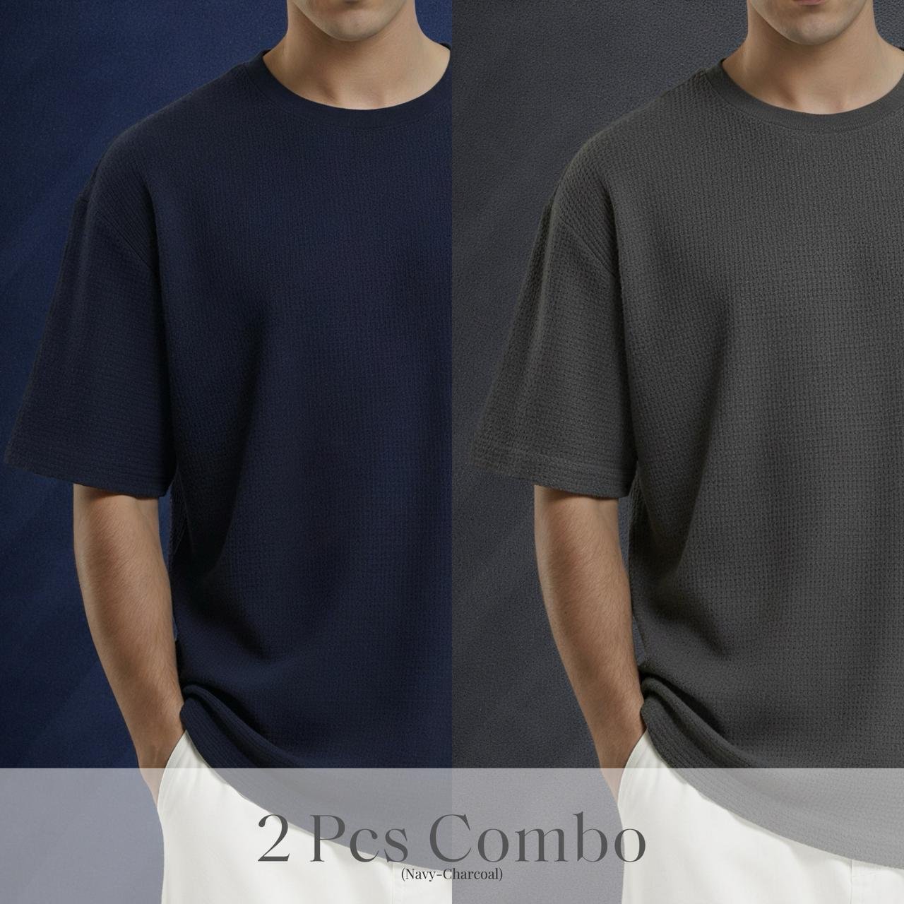 Premium Waffle Drop Shoulder Navy-Charcoal