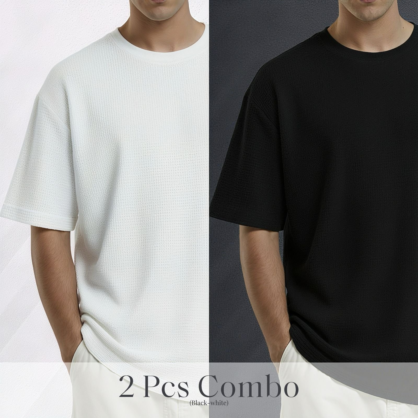 Premium Waffle Drop Shoulder White-Black