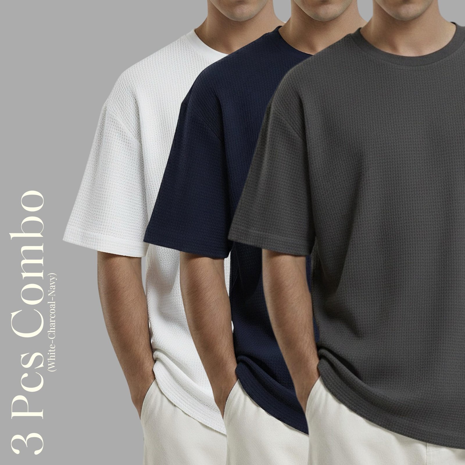 Premium Waffle Drop Shoulder Charcoal-Navy-White