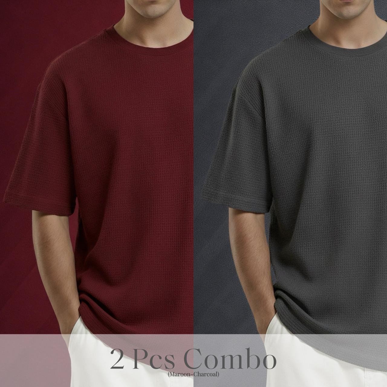 Premium Waffle Drop Shoulder Maroon-Charcoal