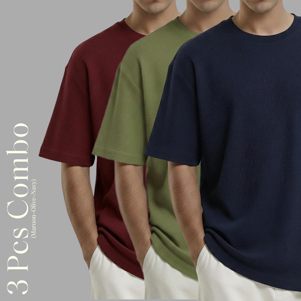 Premium Waffle Drop Shoulder Maroon-Olive-Navy