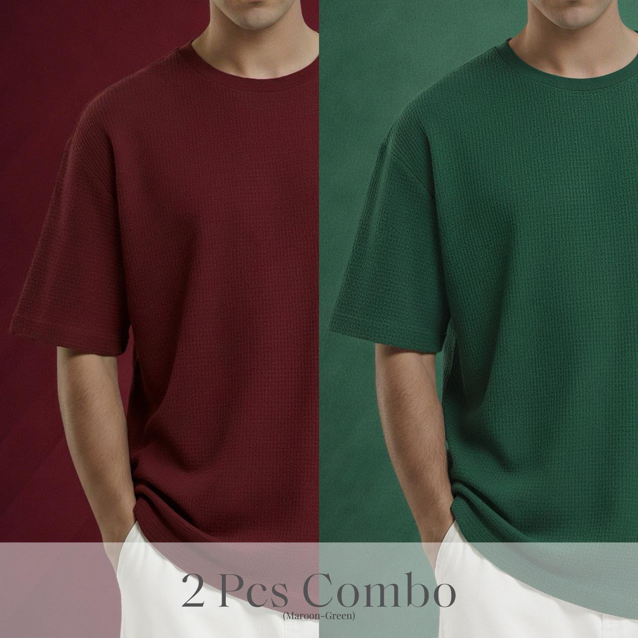 Premium Waffle Drop Shoulder Maroon-B.Green