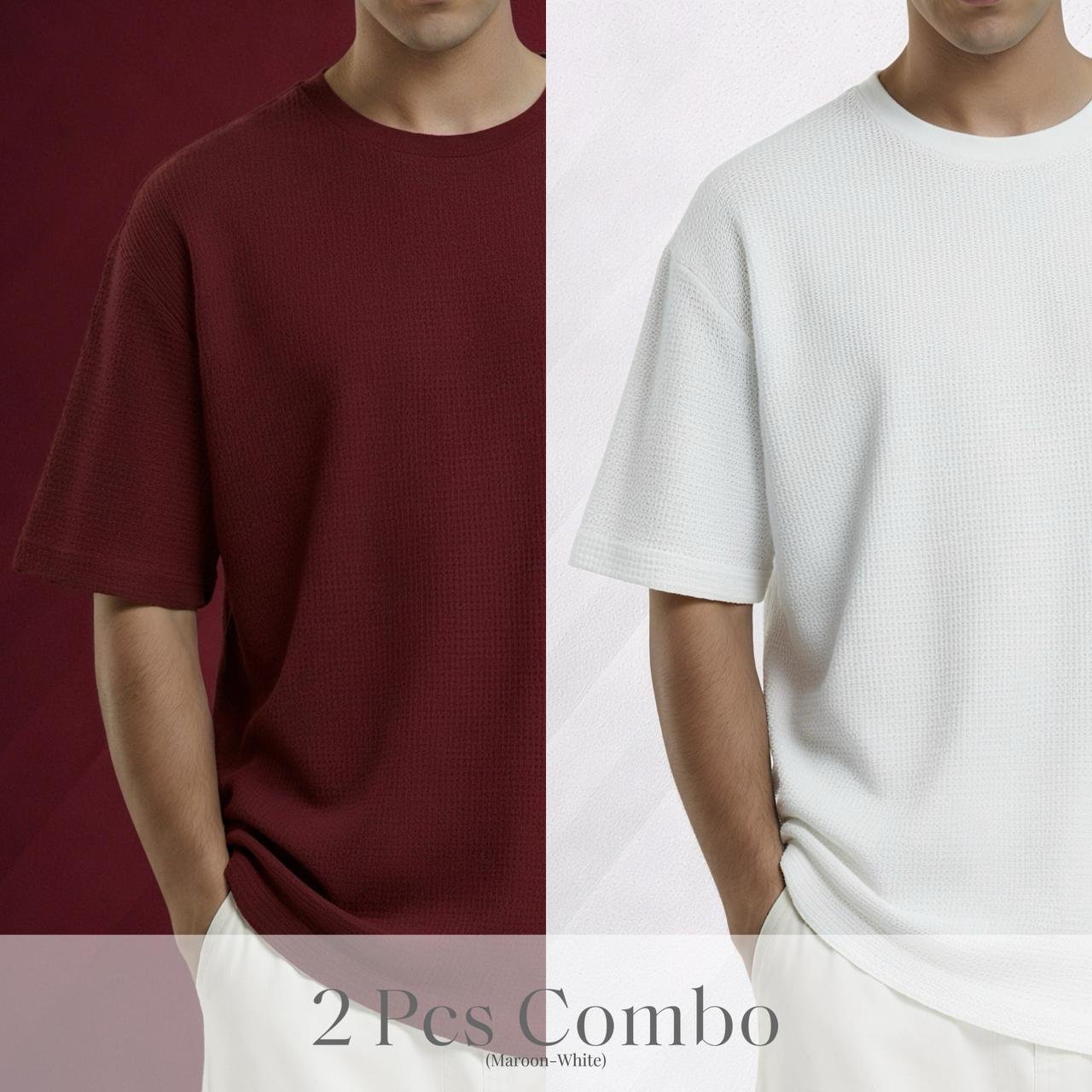 Premium Waffle Drop Shoulder Maroon-White