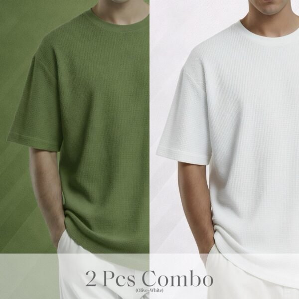 Premium Waffle Drop Shoulder Olive-White