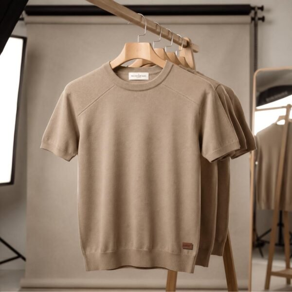 Premium Mock Neck Basic T-Shirt Beige